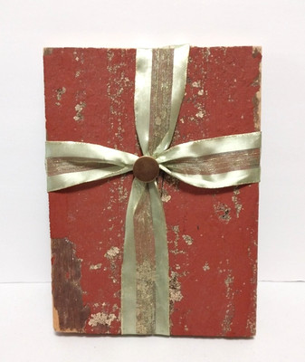 Unique Hand Crafted Red Barn Wood Cross 11 3/4 x 8 1/2 inches Green Satin Lace