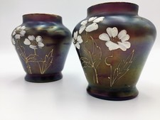 Rare Pair Loetz "Rubin Matte Iris" Floral Enameled Iridescent Art Glass Vases