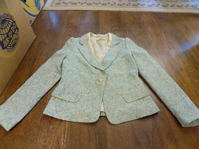 CLAMONT Champagne Satin Trim Teal Gold Metallic Dressy FAB Blazer Jacket Sz S