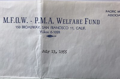 San Francisco Ca MFOW PMA Welfare Fund Letterhead Letter 1955 Collectible