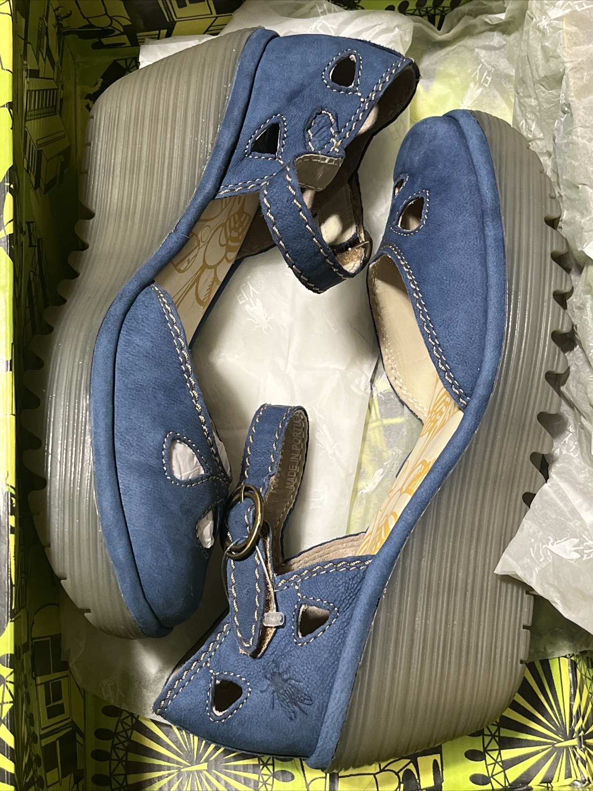 Fly London Yuna Cupido Blue Suede Perforated Leather Wedge Sandal EU 36