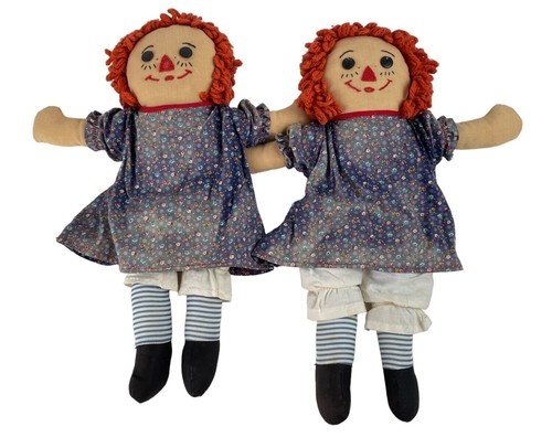 Vintage Raggedy Ann Handmade 16" Rag Dolls Set of 2 *Blue Striped Legs* - Picture 3 of 21