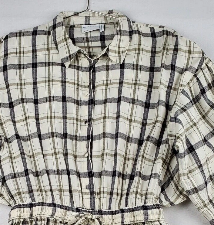 Asos Design Mini Skater Shirt Dress Women 12 CreamBlack Plaid Cotton Drawstring - Image 3 of 4