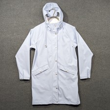 Ichi Rain Jacket Womens Xs Hooded Light Baby Blue Long Vented Trench Chic
