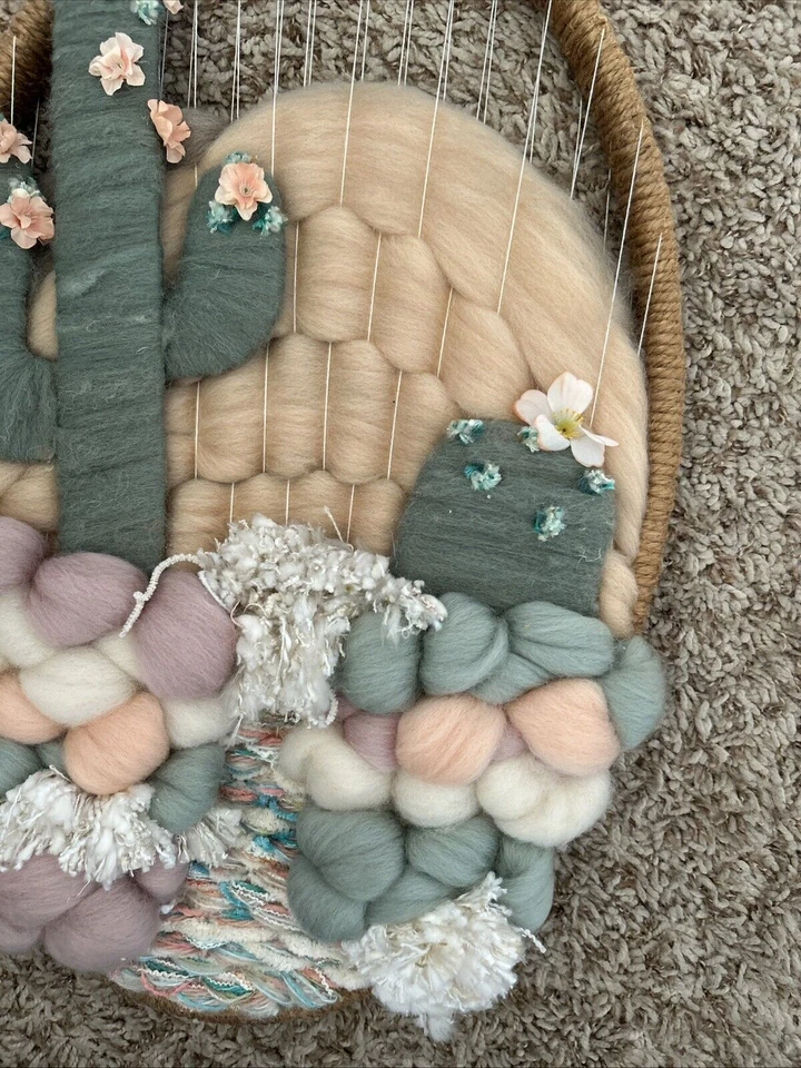 Винтажный богемный кактус настенный висячий шерстяные розы обнаженные горы 70-е ручная работа уникальный - Изображение 4 из 4