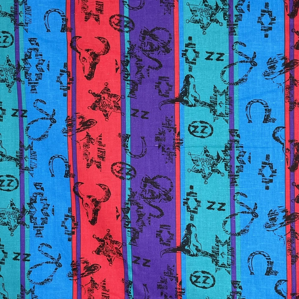 Vtg Western Print Fabric Steer Badge Stripes Red Purple Teal Cotton 3Yds x 45" - Image 3 of 4