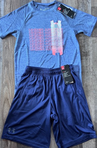 NWT Under Armour YMD Boys Navy Blue/Blue/Neon Red/White Shorts Set Medium