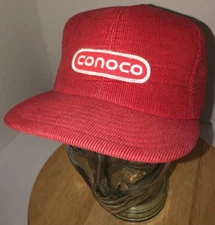 VTG CONOCO 70s 80s USA Louisville MFG CO Red Corduroy Hat Cap Snapback Gas Fuel