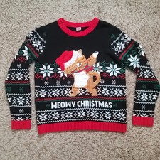 Holiday Time Ugly Christmas Sweater XL 14-16 Husky Black Meowy Christmas Cat