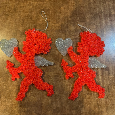2 Vintage Melted Plastic Popcorn Valentine s Day Cupid Heart W Arrow Decoration