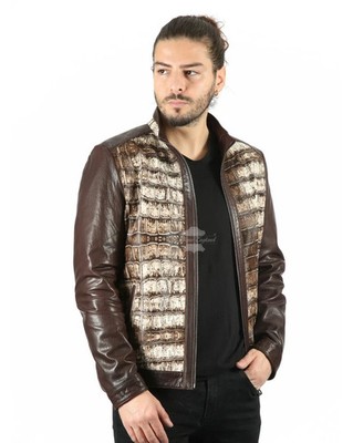 Herren braunes Rindshaar auf Fell mit Krokodildruck vorne Echtleder Napa Jacke