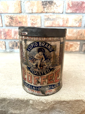 Cupid Brand Roasted Coffee amazing antique paper label coffee can with lid