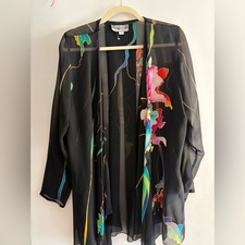 Vintage Hand Painted Silk Yolanda Lorente Black Floral Sheer Cape Small Black