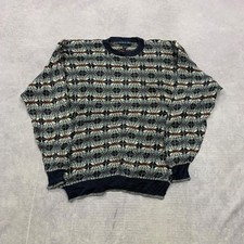 Vintage Knitted Jumper abstract patterned grandad knit sweater Men's L