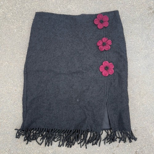 Vintage 90s Betsey Johnson Black Felted Floral Pencil Skirt Fringe Edge LARGE
