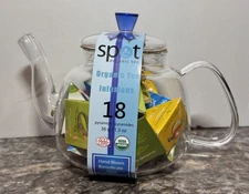 SPOT ORGANIC TEA CLEAR HAND BLOWN BOROSILICATE GLASS TEAPOT WITH 18 TEABAGS