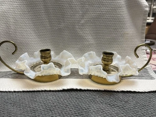 Fenton White Opalescent Hobnail and Brass Candle Holders 1950