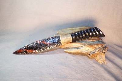 Triple Flow Obsidian Paleo Knife Carved African Antler Handle Flint Knapping COA