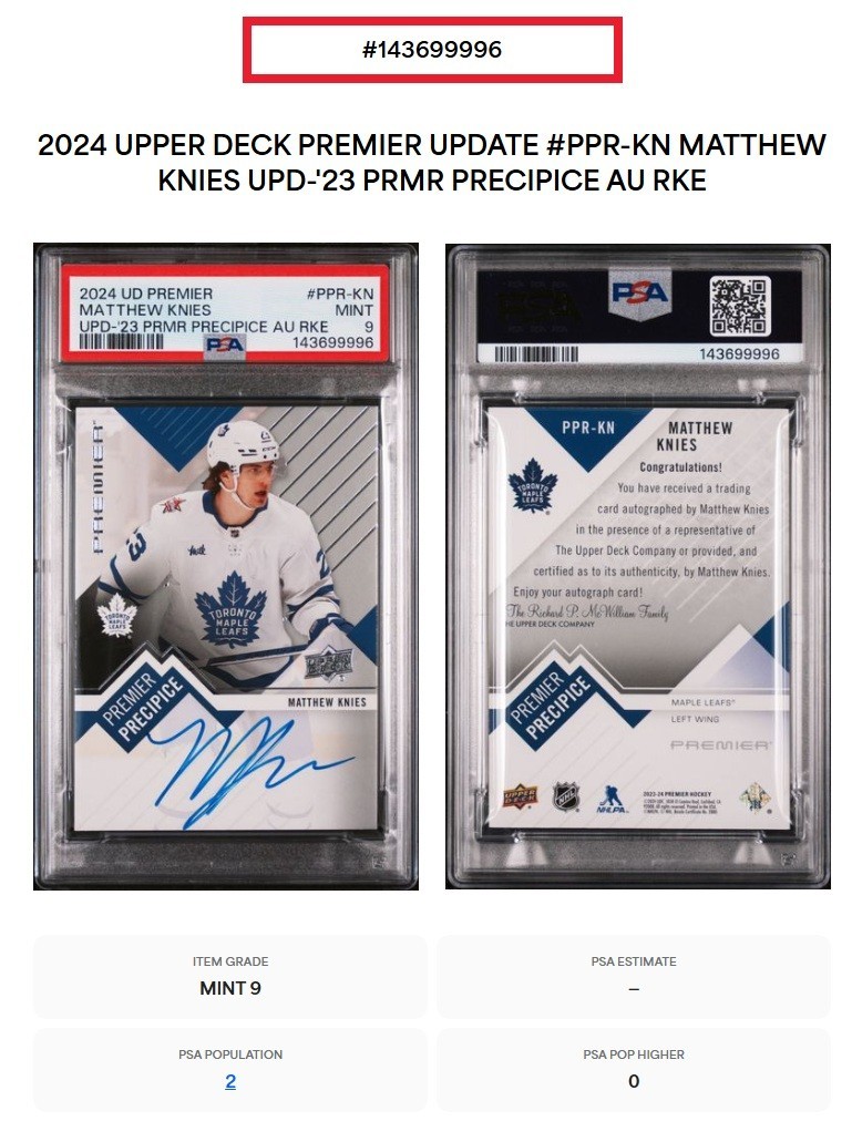 2024-25 UD Premier Knies Precipice Rookie Auto PSA 9 POP 2 TOP GRADE Maple Leafs view 3