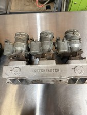 Offenhauser Log Manifold 6-pack Pair With Carbs. Early Olds. Offenhauser Log Manifold 6-pack Pair With Carbs. Early Olds.