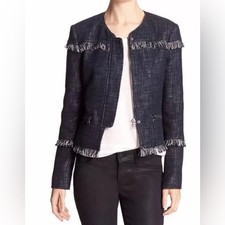 BANANA REPUBLIC Jacket BOUCLE FRINGE Tweed Navy Cotton Linen Lined Zippers SRD