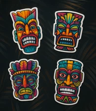 Colorful Tiki Mask Sticker Pack (4) Tribal Totem Waterproof Stickers Hawaii Mug