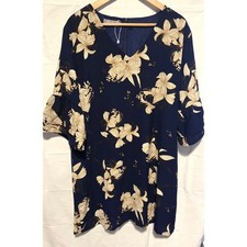 Belongsci Navy Blue Floral V-neck mid-length dress w/ bell sleeves Size XXL NWOT