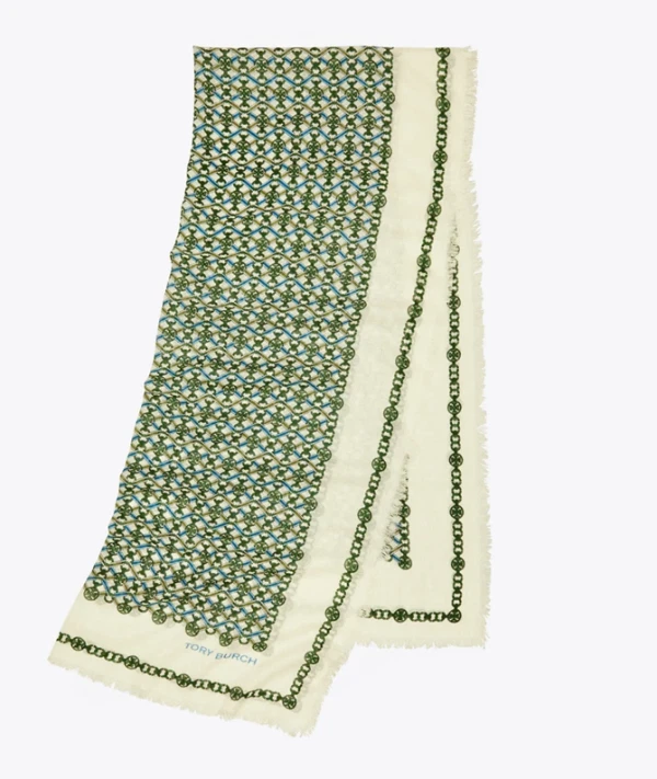 TORY BURCH CINTA MEDALLÓN GEMINI Bufanda Larga Fina 75"x30" Verde Marfil (Nuevo) Foto 4 de 4