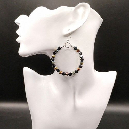 Glass Fire Polished Gold Black Large Big Hoop Hooped Earrings 925 Silver Hooks - Picture 15 of 15