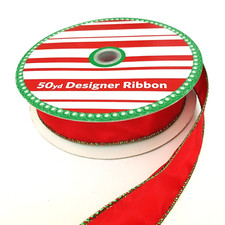 Roll Designer Ribbon 42 Yards Woven Red w/ Metallic Green 1.5" Wide Wired Edge