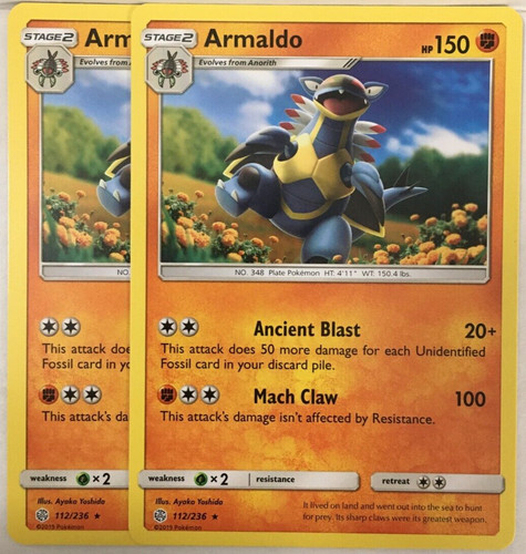 POKEMON 2X ARMALDO 112/236 COSMIC ECLIPSE RARE NEAR MINT