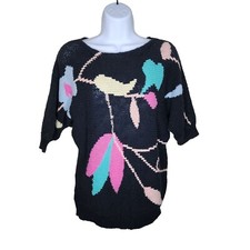 Vintage 1980s Winged Short Sleeve Sweater Womens Size M Black Birds Flowers