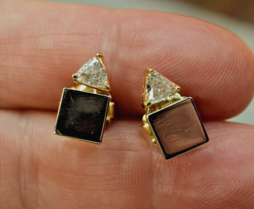 Vintage 14K Yellow White Gold 1.30 tcw Trillion Diamond Earrings - Picture 12 of 13