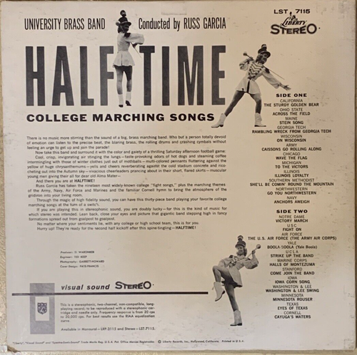 Russ Garcia 33 rpm LP Vinyl 12-inch Liberty Records #LST 7115 Halftime Songs - Picture 2 of 2