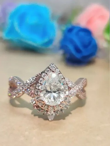 0.35Ct Pear Natural Moissanite Women Bridal Set Ring 14K Rose Gold Plated Silver - Picture 7 of 7