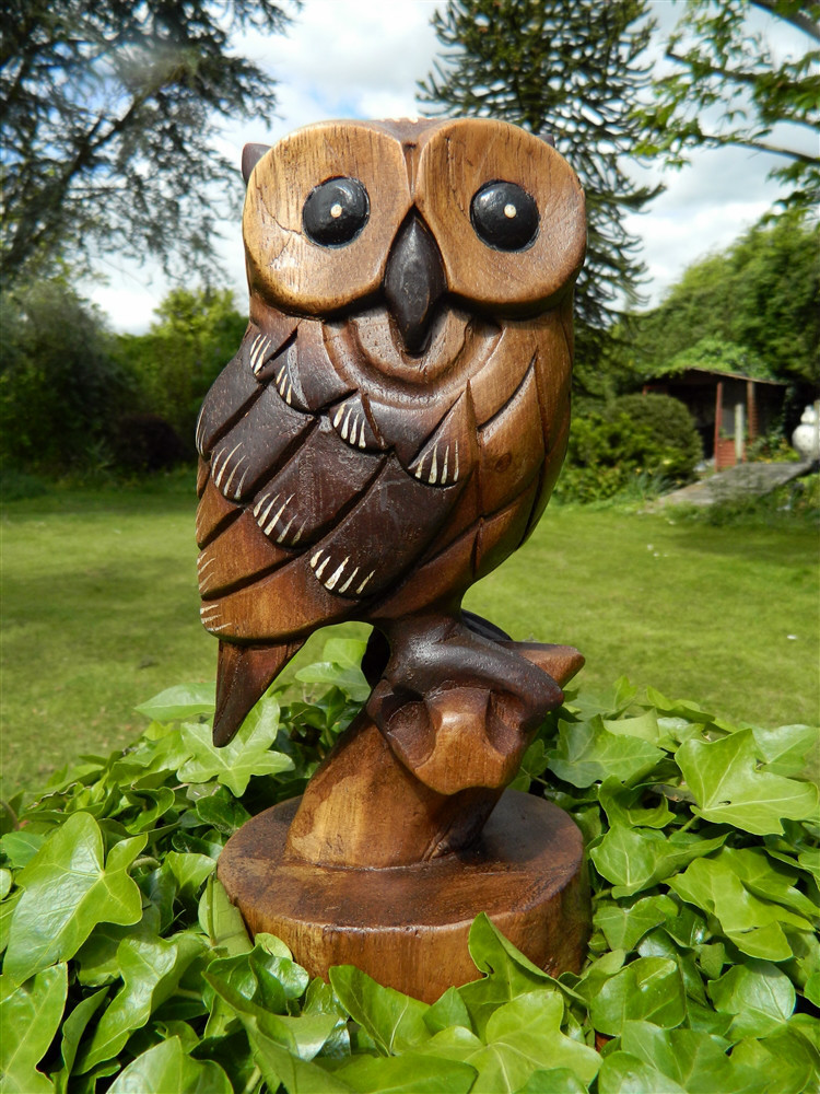 Wooden Owl Carving - Hand Carved Owl on Perch - 23cm/9""