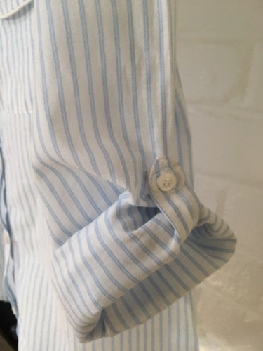 Zara Girls Button-up Blouse Blue & White Stripe Mandarin Collar Tab Sleeves S7/8 - Picture 5 of 6