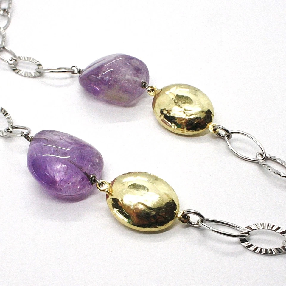COLLANA ARGENTO 925 CON AMETISTA VIOLA CATENA OVALI LAVORATI LUNGHEZZA 65 CM - Immagine 4 di 4