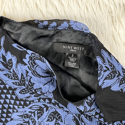 Nine West Women's Black Blue Floral 100% Silk Long Sleeve Boat Neck Dress Size 2 - Picture 22 of 24