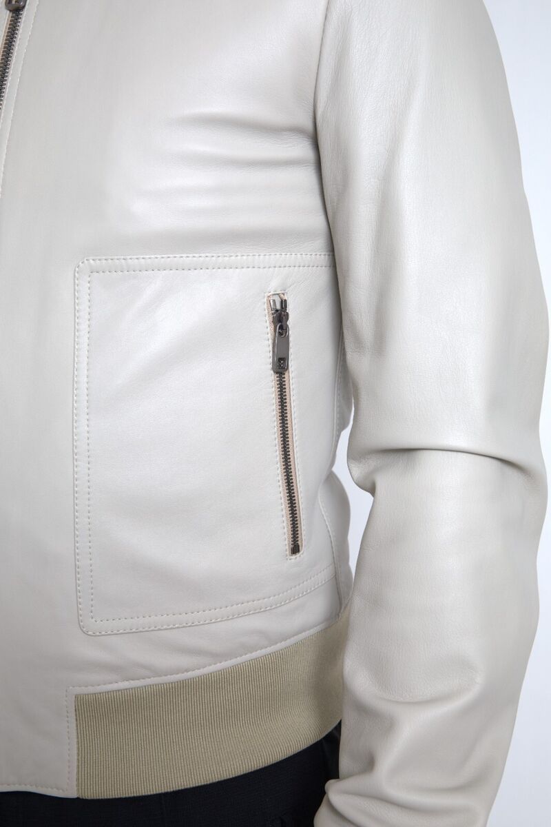 DOLCE & GABBANA Jacket Cream Leather Bomber Blouson Full Zip DOLCE & GABBANA Jacket Cream Leather Bomber Blouson Full Zip