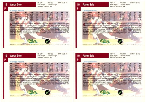 (4) 1991 Classic Draft Picks #19 Aaron Sele Boston Red Sox Card Lot - Picture 2 of 2