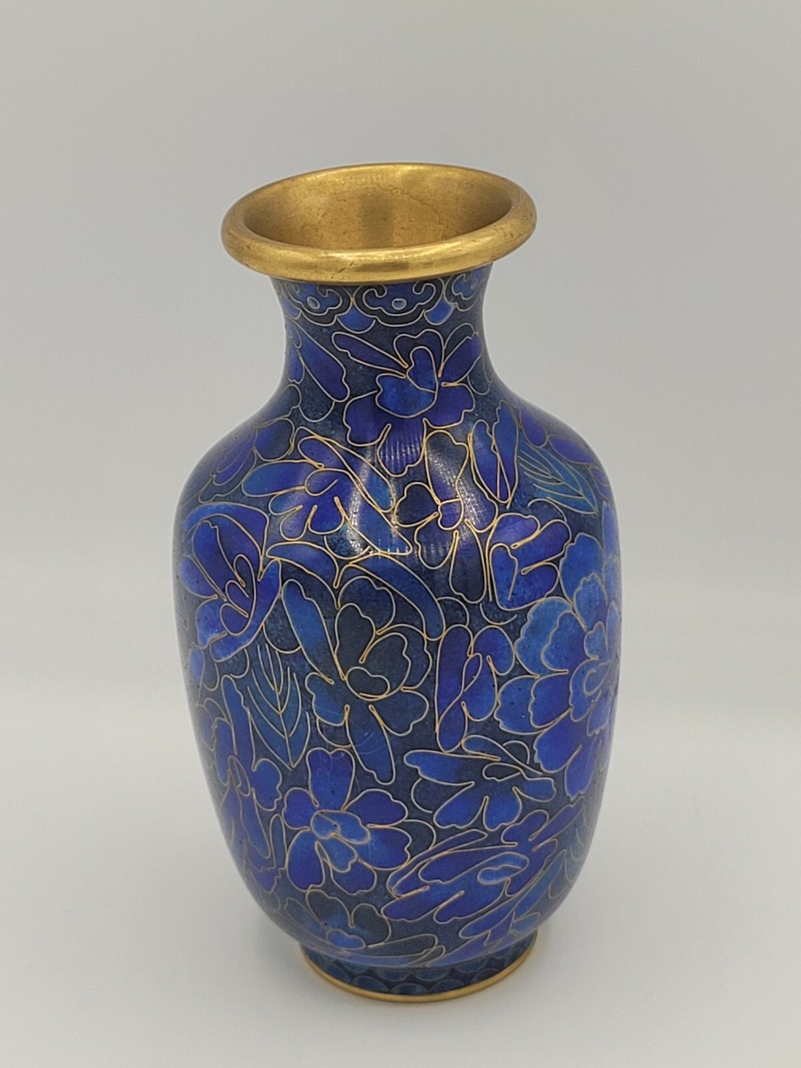 中国七宝焼き花瓶 - Chinese Cloisonné Floral Vase Vintage Chinese Cloisonné Enamel blue floral gold gilt Vase