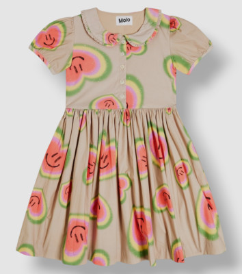 Molo Baby Girl's Beige Cady Heart Print Short Sleeve Poplin Dress Size 2-3