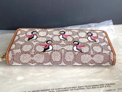 NWT COACH PENGUIN SIGNATURE JACQUARD/LEATHER ACCORDION ZIP