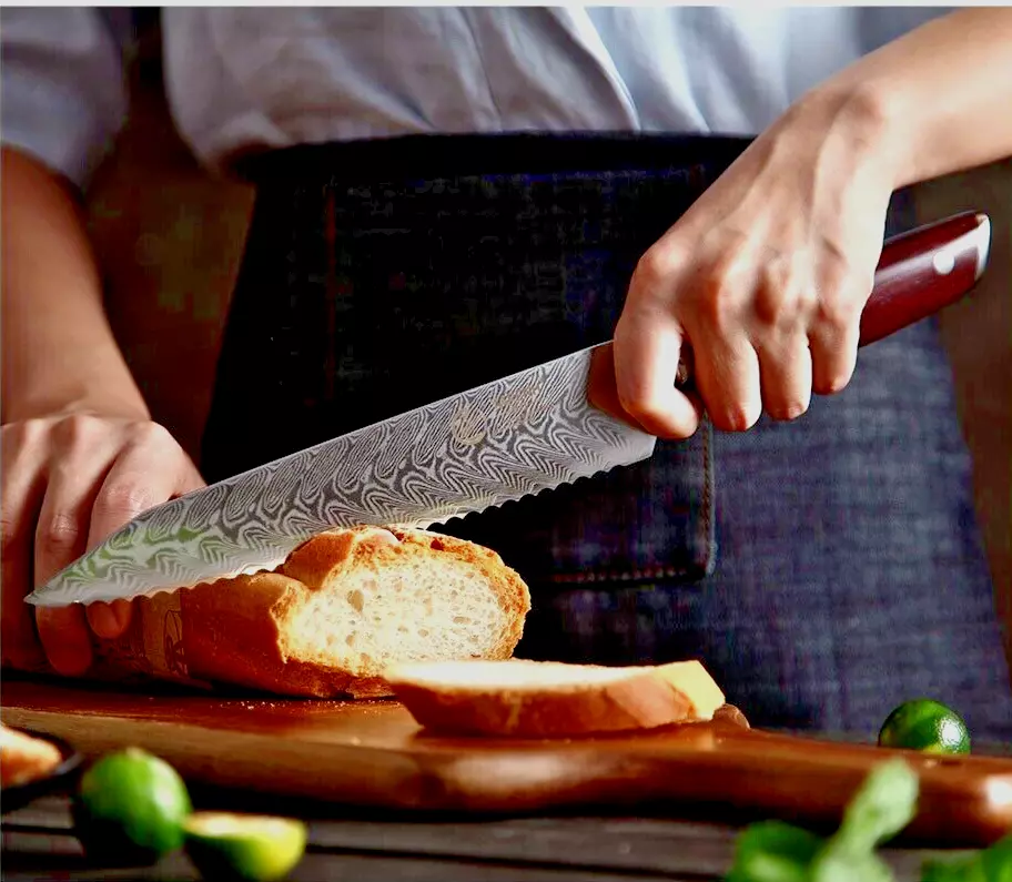 Japanese Bread Knife Kitchen Serrated cake Pizza 67 Layer Damascus Steel Wood 8