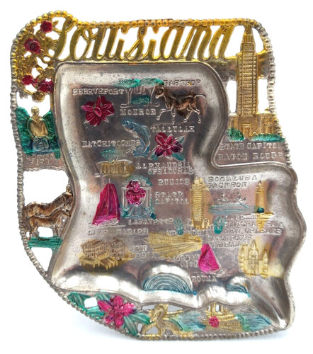 VTG Painted Metal LOUISIANA Souvenir Ashtray Trinket Dish Japan Chrome Plated