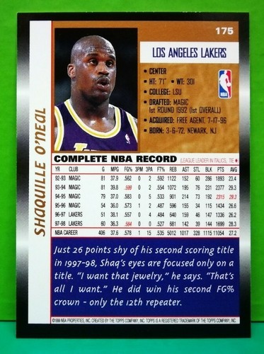 Shaquille O'Neal 1998-99 Topps #175 - Picture 2 of 2