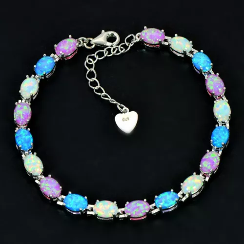 UK New Sterling Silver Dipped Oval White Fire Opal Tennis Bracelet - Picture 19 of 25