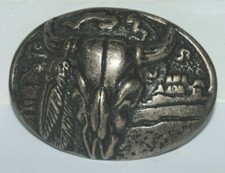 Vintage belt buckle, steer skull and feathers design, metal, heavy