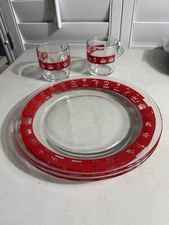 Set of 4 Vintage MCM Crisa Red  Two Signed Mugs, 2 Dinner Plates Rare-